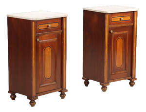 Antique Bedside Tables in Mahogany Veneer and White Marble, 20th Century, Set of 2