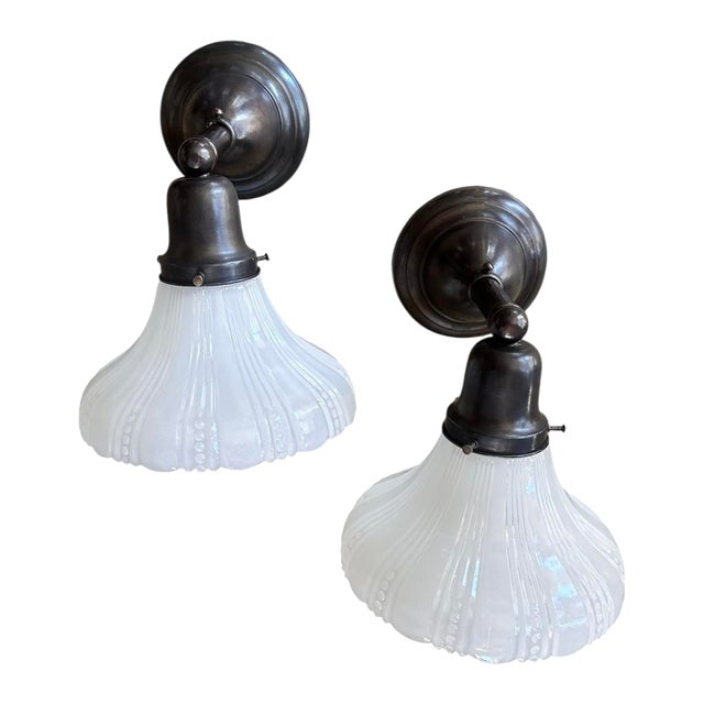 Pair Beaded Pattern Clam Shell White Glass Shade Wall Sconces on Original Old Bronzing Brass Holders, Circa 1920 For Sale