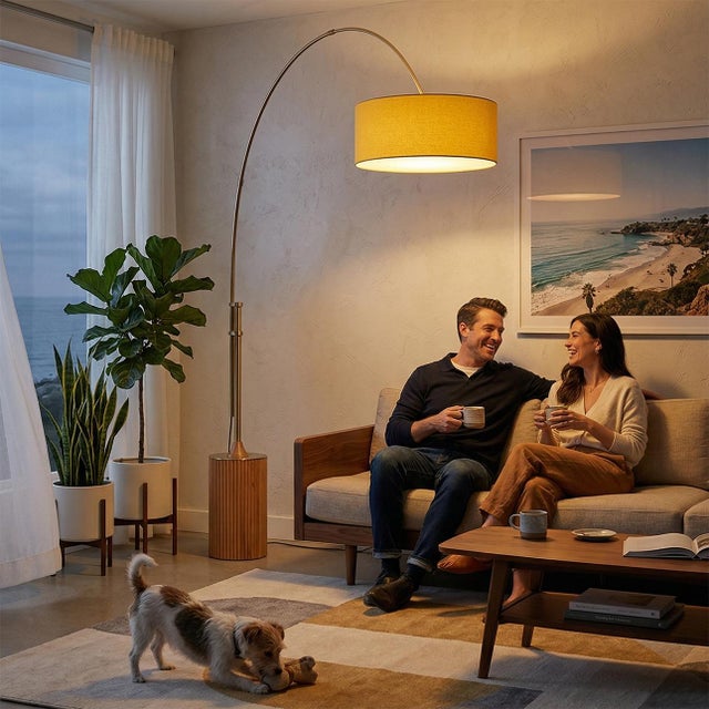 Product Type: Arc Floor Lamp, Brand: Nova of California - 100 Years Legacy, Material: Wood, Steel and Linen - Style: Mid...