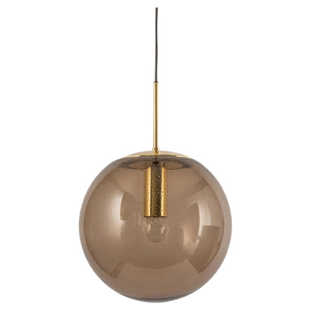 Large Smoky Glass Ball and Brass Pendant Lamp from Limburg, Germany, 1970s For Sale
