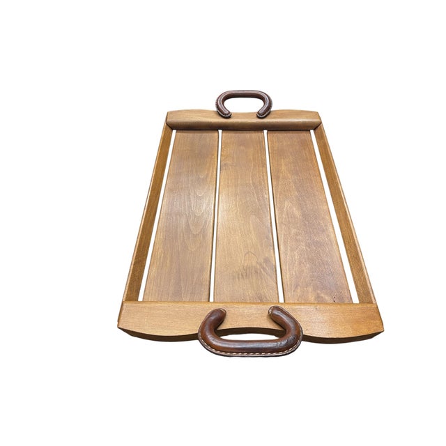 Wood Stitched Leather and Wood Service Tray from Jacques Adnet, 1950s For Sale - Image 7 of 7