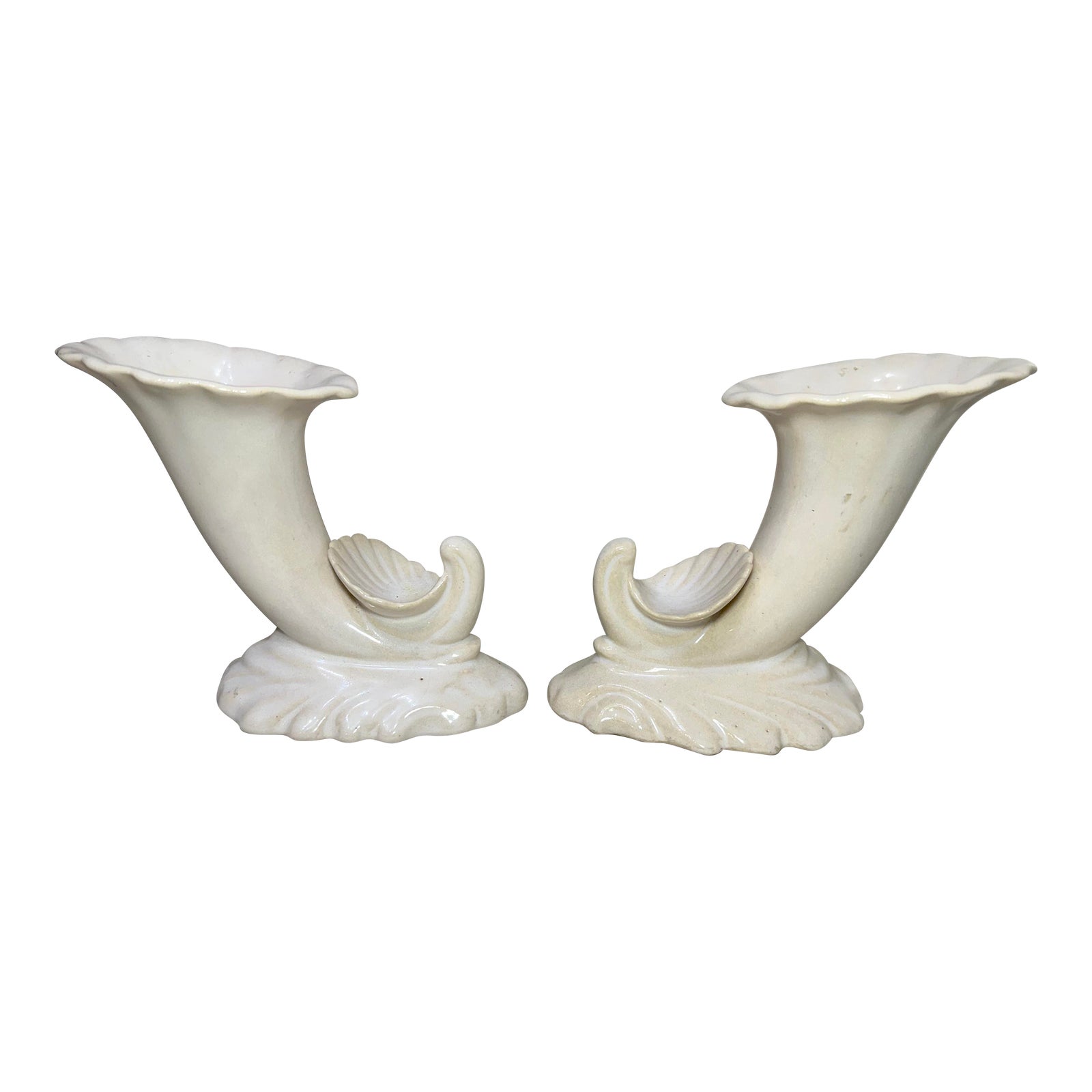 Pair of Antique Signed White Glaze Cornucopia Shell Vases Marked Fulper ...