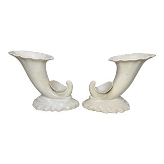 Pair of Antique Signed White Glaze Cornucopia Shell Vases Marked Fulper #4065 For Sale