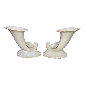 Pair of Antique Signed White Glaze Cornucopia Shell Vases Marked Fulper #4065