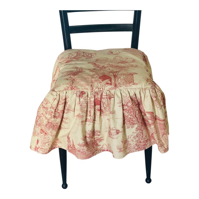 Antique French Country Toile Chair Cushion With Skirt For Sale