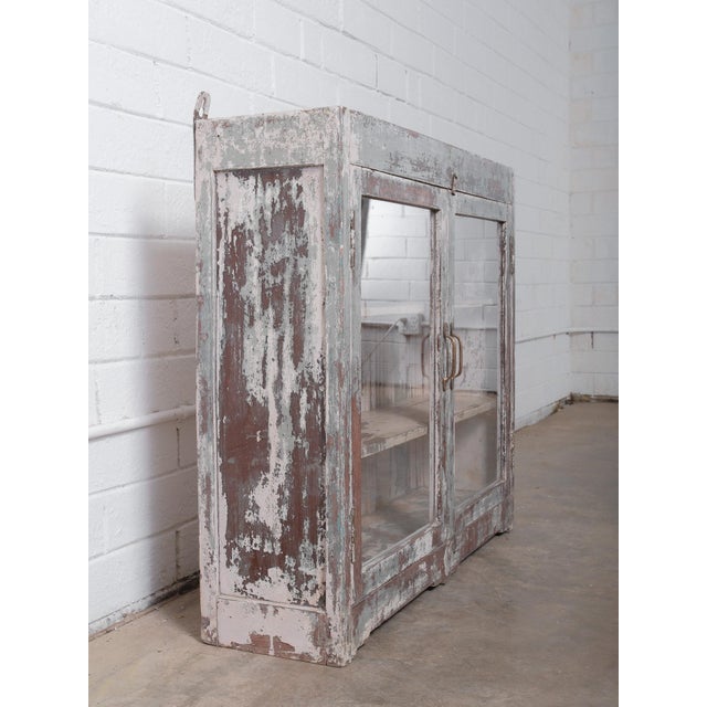 Rustic Mid 20th Century Rustic Indian Glass-Front Cabinet With Distressed Paint For Sale - Image 3 of 6