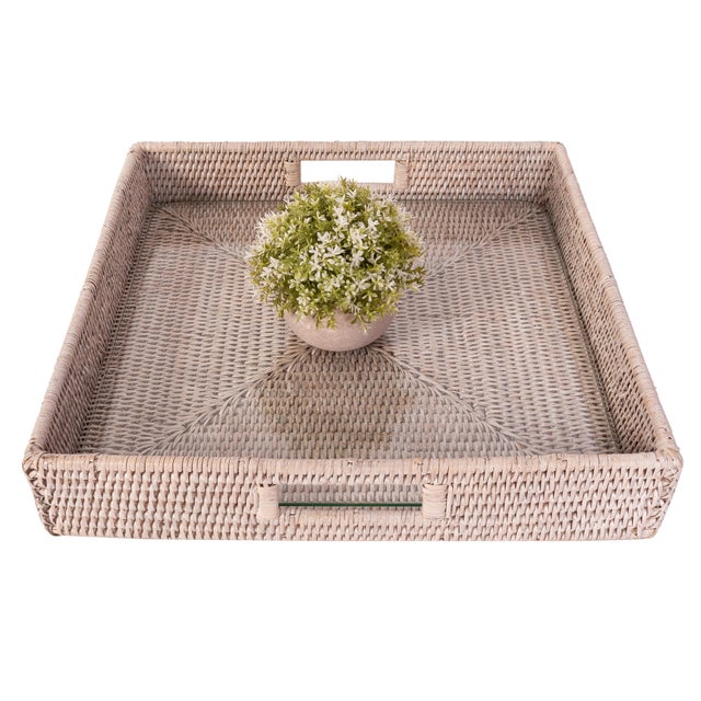 Boho Chic Artifacts Rattan Square Serving Ottoman Trays with Glass Insert in White, Smalls For Sale - Image 3 of 3