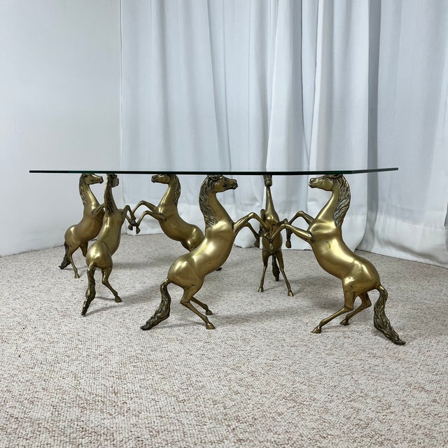 Hollywood Regency Hollywood Regency Style Coffee Table with Patinated Brass Horses and Glass Top, 1970 For Sale - Image 3 of 18