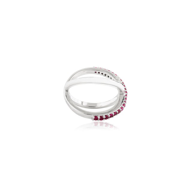 Not Yet Made - Made To Order 14k White Gold Unique Criss Cross Ruby Ring With Diamond Size 6 For Sale - Image 5 of 12