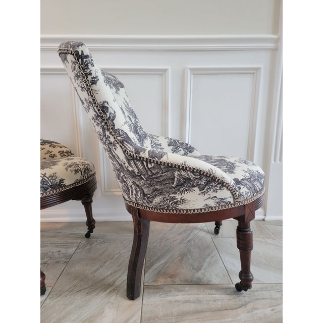 Antique Victorian Toile Upholstered Parlor Slipper Chairs on Casters – A Pair For Sale - Image 11 of 17