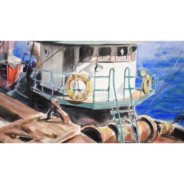 Blue Bonnie Bill - Tugboat at the Dock in Boston - Seascape in Watercolor on Paper by Claire Weist For Sale - Image 8 of 8