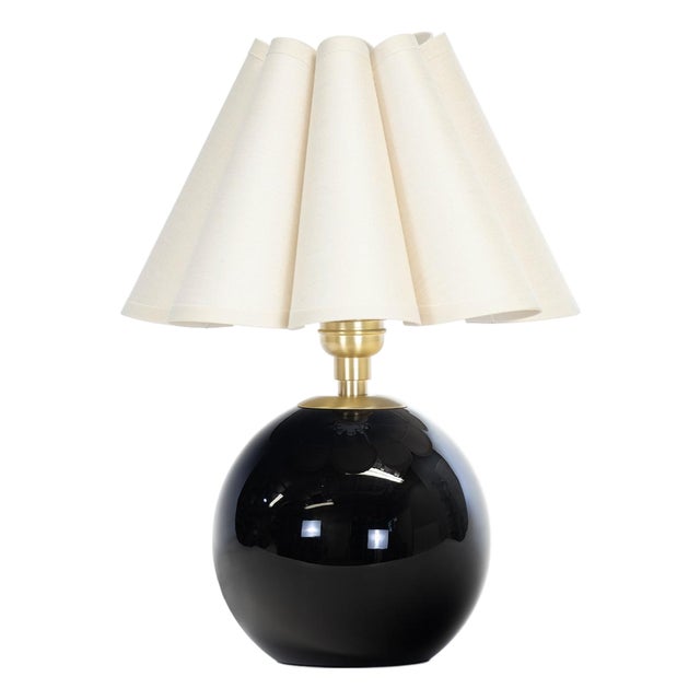 Giorgio Black Glass Mini Lamp, Natural Brass with Oyster Scalloped Shade For Sale
