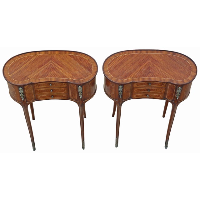 1940s Vintage Kidney-Shaped Inlaid Veneer Bedside Tables, 1925, Set of 2 For Sale - Image 5 of 12