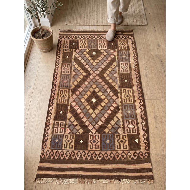 Islamic Afghan Maimana Kilim Accent Rug, Handwoven Wool, 3x7, Brown & Camel For Sale - Image 3 of 8