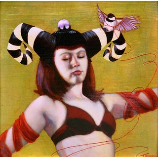 Conjuring a Life by Tammi Otis | Oil Painting of a woman with horns and a bird For Sale