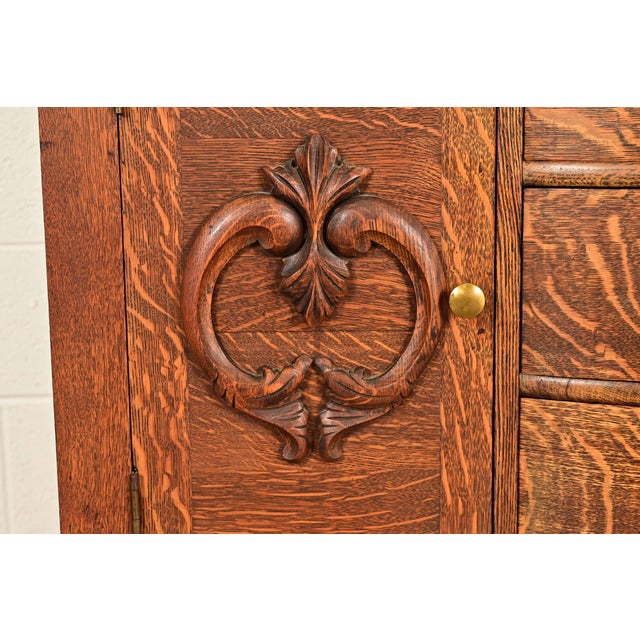Antique Victorian Carved Tiger Oak Sideboard or Bar Cabinet, Circa 1890s For Sale - Image 10 of 16