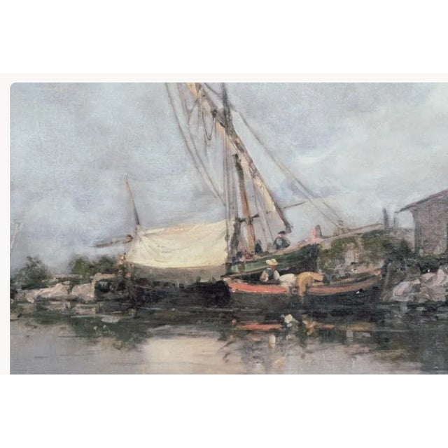 A seascape oil painting by French academic painter Emile Godchaux (1860-1938), depicting a European fishing port. Signed...