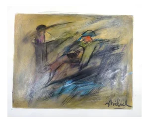 Hockey - Original Tempera on Paper by E. Stoebel - 1980s Late 20th Century