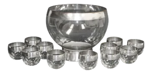 Dorothy Thorpe Mid-Century Silver Band Roly Poly Glasses and Cocktail Punch Bowl - 12 Pieces