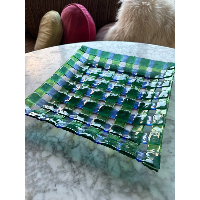 Vintage Large Hand-Blown Art Glass Fruit Bowl / Platter in Basketweave Lattice Design For Sale In Los Angeles - Image 6 of 9