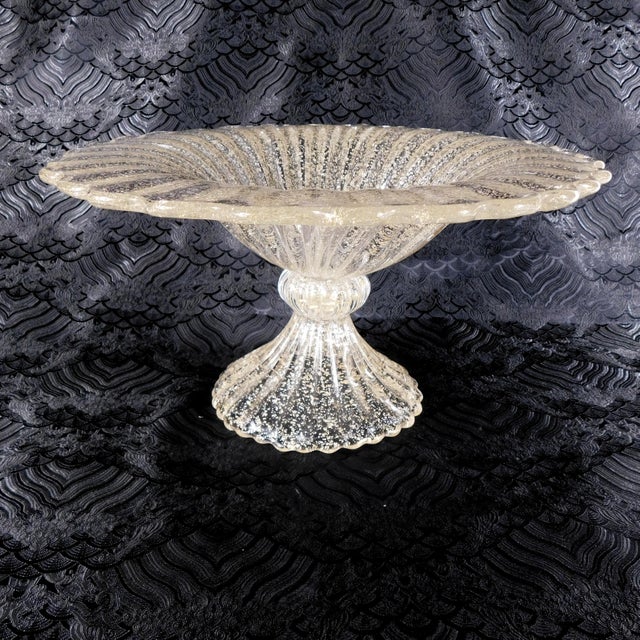 Traditional Large Footed Clear Glass Bowl With Gold Glitter For Sale - Image 3 of 8