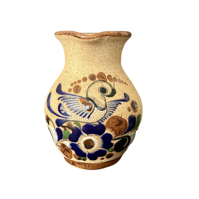 Traditional Vintage Tonala Mexico Pitcher – Hand-Painted Stoneware With Blue Floral & Bird, Folk Art Pottery Vase, 5.5" For Sale - Image 3 of 7