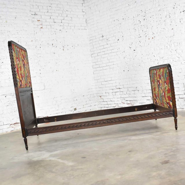 Antique French Carved Walnut and Upholstered Twin Bed With Asian Figural Fabric For Sale - Image 6 of 12