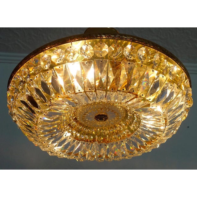 1960's Austrian Regency Gold Plate Framed Cut Lead Crystal Ceiling Flush Mount/ Plafonnier Lighting Fixture by Palme & Walter For Sale - Image 9 of 18
