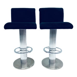 Designs for Leisure Blue Ultra-Suede Bar Stools - a Pair For Sale