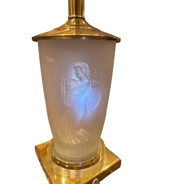 Verlys Glass An American Art Deco Frosted Glass and Brass "Four Seasons" Table Lamp. For Sale - Image 4 of 8