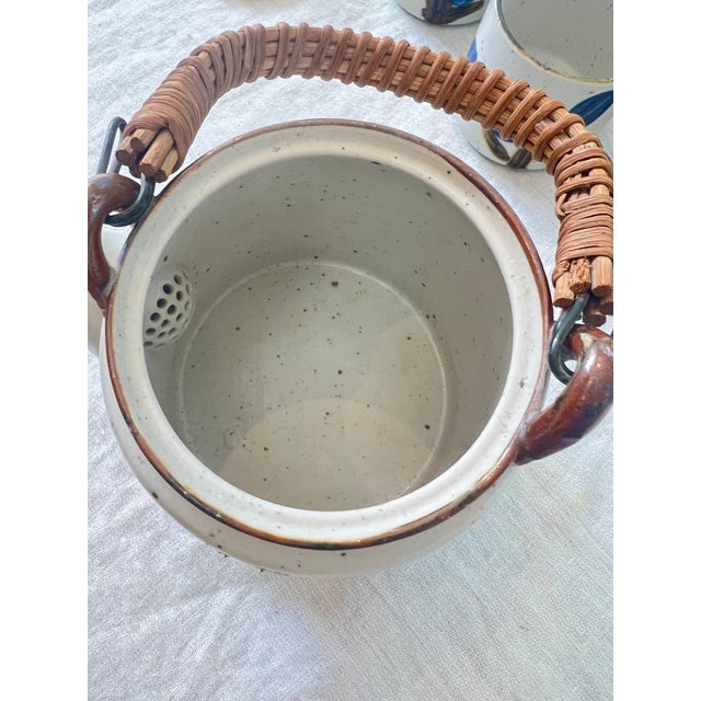 Antique White Mid 20th Century Rattan Handle Otagiri Japanese Teapot and Cups Set of 4 For Sale - Image 8 of 9