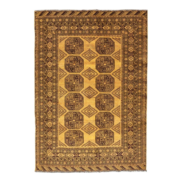 Hand-Knotted Ersari Rug in Wool With Gul Design in Marigold and Brown 5'2 X 7'8 For Sale