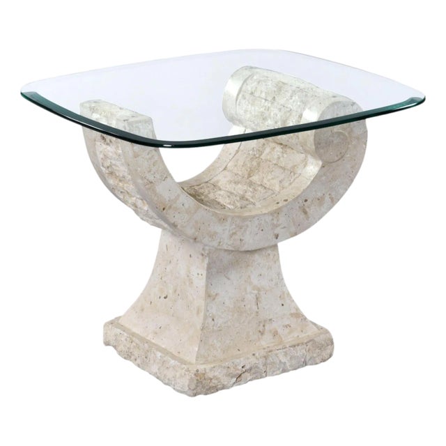 Curved Tessellated Stone Base End Table With Glass For Sale