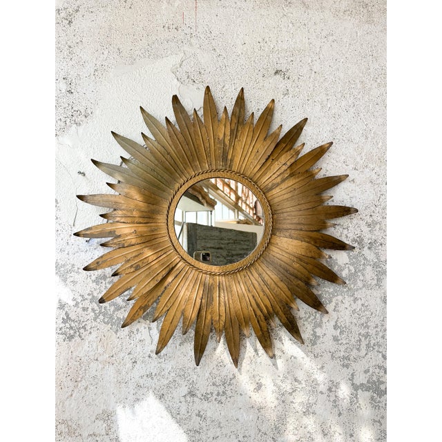 1940s Mid-20th Century Sunburst Mirror with Gilded Metal Leaf Frame, 1940s For Sale - Image 5 of 5