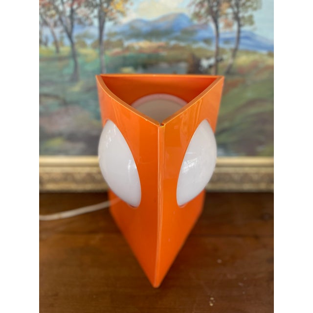1970s Space Age Triangular Table Lamp in Orange Plastic With White Glass Domes. For Sale - Image 10 of 10