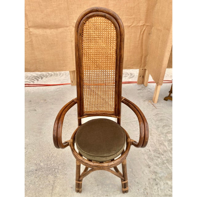 1960s Rattan + Cane Dining Chairs + Dark Moss Green Down Seat Cushions, Set of 8 For Sale - Image 9 of 12