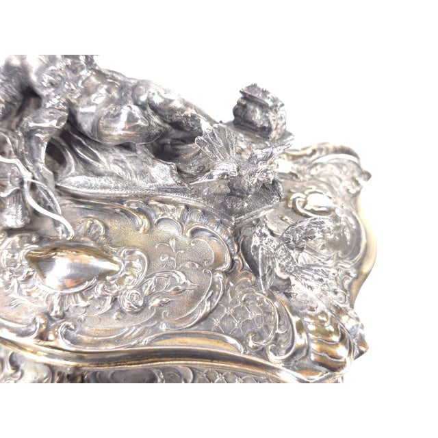 Gilded Age European Silver Rococo Jewelry Casket Topped With Angel Admiring Herself For Sale - Image 11 of 15