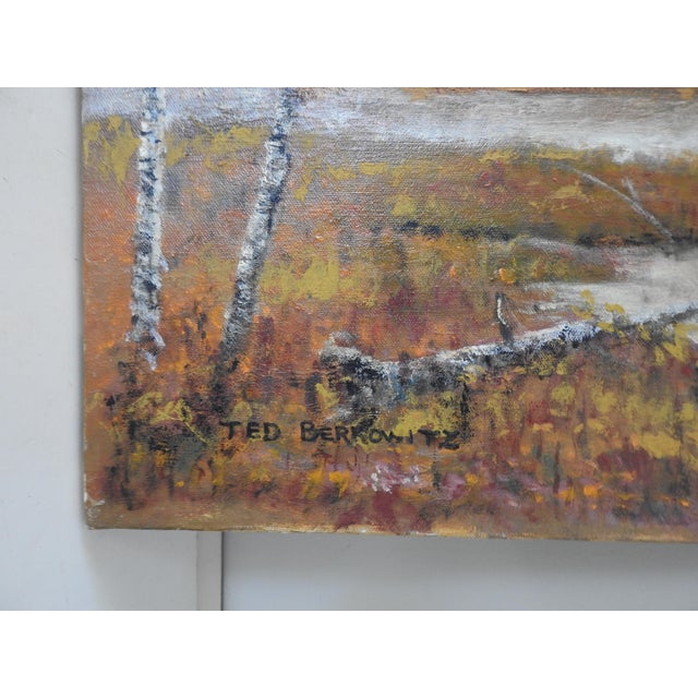 Vintage late 20th century oil on canvas autumn riverside landscape painting. Signed Ted Berkowitz lower left corner....