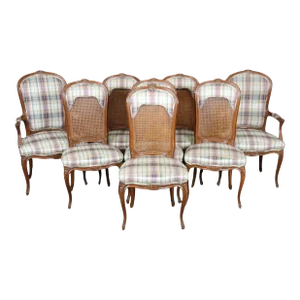 Set of 8 Walnut Louis XVI Cane and Upholstery Backed Dining Chairs
