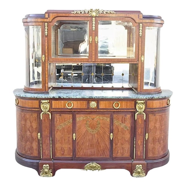 Antique French Louis XV Style Marble Top Bowed Glass Bronze Ormolu Sideboard For Sale