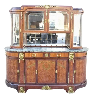 Antique French Louis XV Style Marble Top Bowed Glass Bronze Ormolu Sideboard