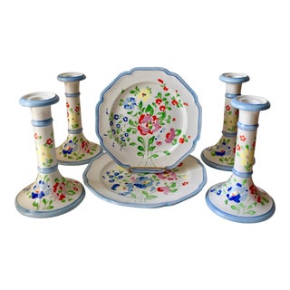 4 Italian Faience Candlesticks+2 Matching Plates-1960's For Sale
