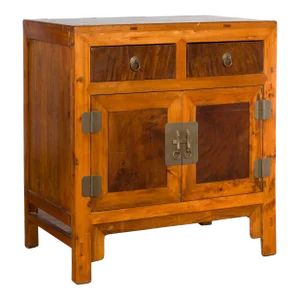 Chinese Antique Elm and Burlwood Two-Toned Side Cabinet with Doors and Drawers