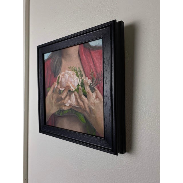Figurative Sacred Heart by Aixa Oliveras | Oil on Artefex panel Woman holding peonies in her hands. For Sale - Image 3 of 5