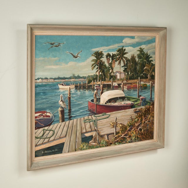 Transporting oil painting on canvas of a tropical bayscape, possibly the Florida Keys, with boats, pelicans and figures...