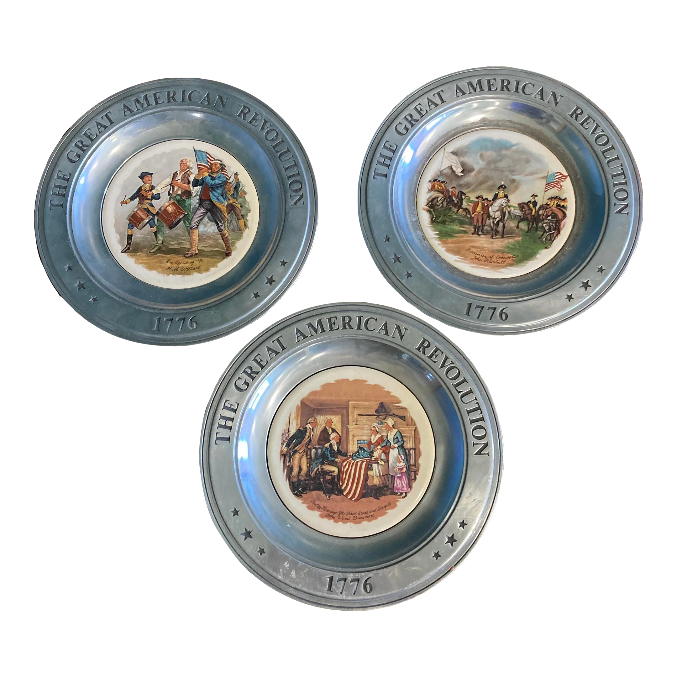 昭和レトロ　アンティーク　ロッテ 1970's J&r Pewter Revolutionary War Decorative Plates, Set of 3