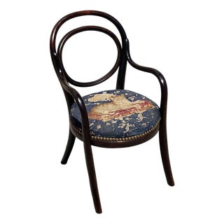 Antique Vienna Secession Bent Oak Armchair W/ Cat Needlepoint Seat by Thonet No.015 For Sale