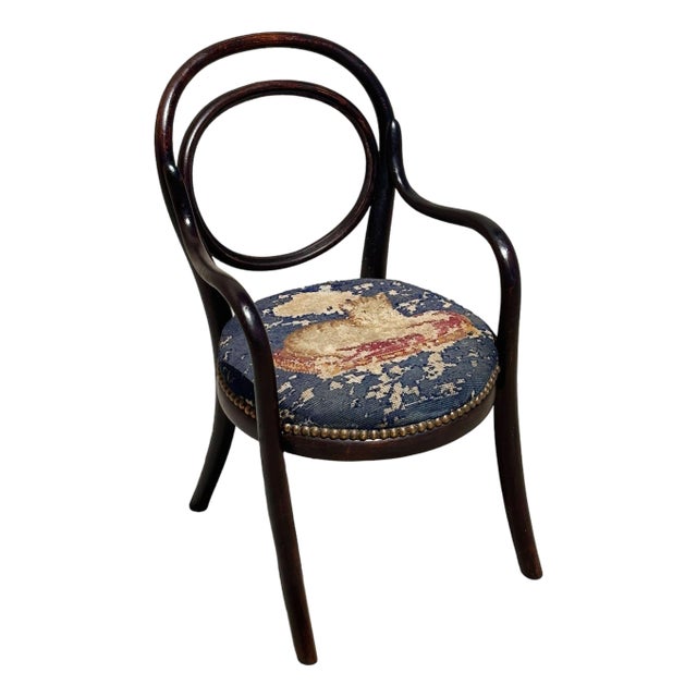 Vienna Secession Bent Oak Armchair W/ Cat Needlepoint Seat by Thonet No.010 For Sale