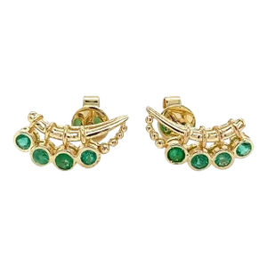 14k Yellow Gold Ear Climber Round Emeralds Earrings - 2 Pieces