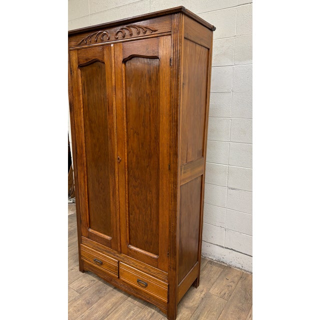 19th Century Antique Tiger Oak Carved Victorian Armoire Wardrobe Closet For Sale - Image 5 of 12
